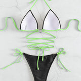 Contrast Halter Neck Two-Piece Bikini Set - Retro Punk Design 