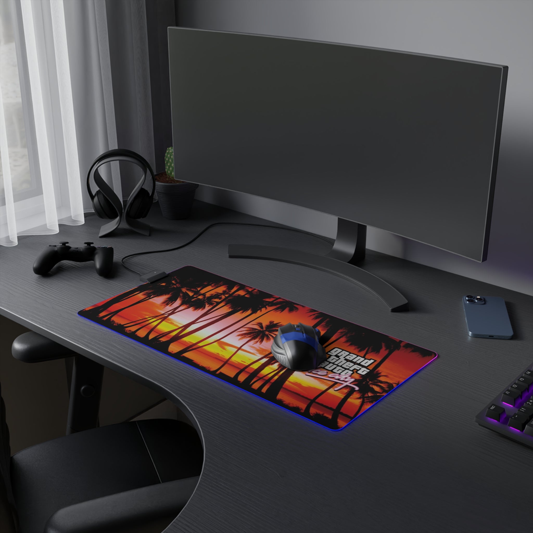 Grand Theft Auto Vice City LED Gaming Mouse Mat  RGB Desk Pad  80s Neon Palm Game Accessory  RetroPunkDesign - Retro Punk Design 
