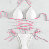 Contrast Halter Neck Two-Piece Bikini Set - Retro Punk Design 