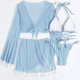 Halter Neck Bra, Bottom, Tassel Flare Sleeve Cover-Up and Skirt Four-Piece Swim Set