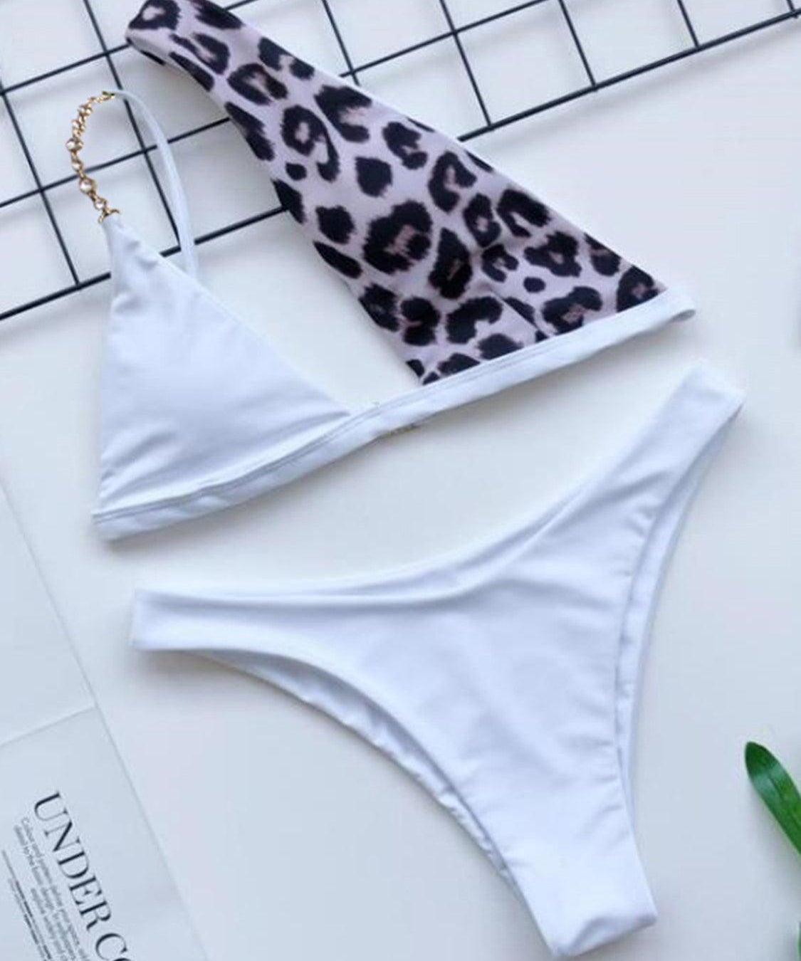 Leopard Single Shoulder Two-Piece Bikini Set - Retro Punk Design 