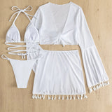 Halter Neck Bra, Bottom, Tassel Flare Sleeve Cover-Up and Skirt Four-Piece Swim Set