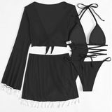 Halter Neck Bra, Bottom, Tassel Flare Sleeve Cover-Up and Skirt Four-Piece Swim Set