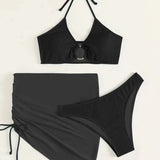 Tied Halter Neck Three-Piece Swim Set