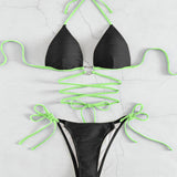 Contrast Halter Neck Two-Piece Bikini Set - Retro Punk Design 