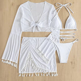 Halter Neck Bra, Bottom, Tassel Flare Sleeve Cover-Up and Skirt Four-Piece Swim Set