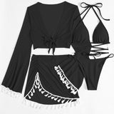 Halter Neck Bra, Bottom, Tassel Flare Sleeve Cover-Up and Skirt Four-Piece Swim Set