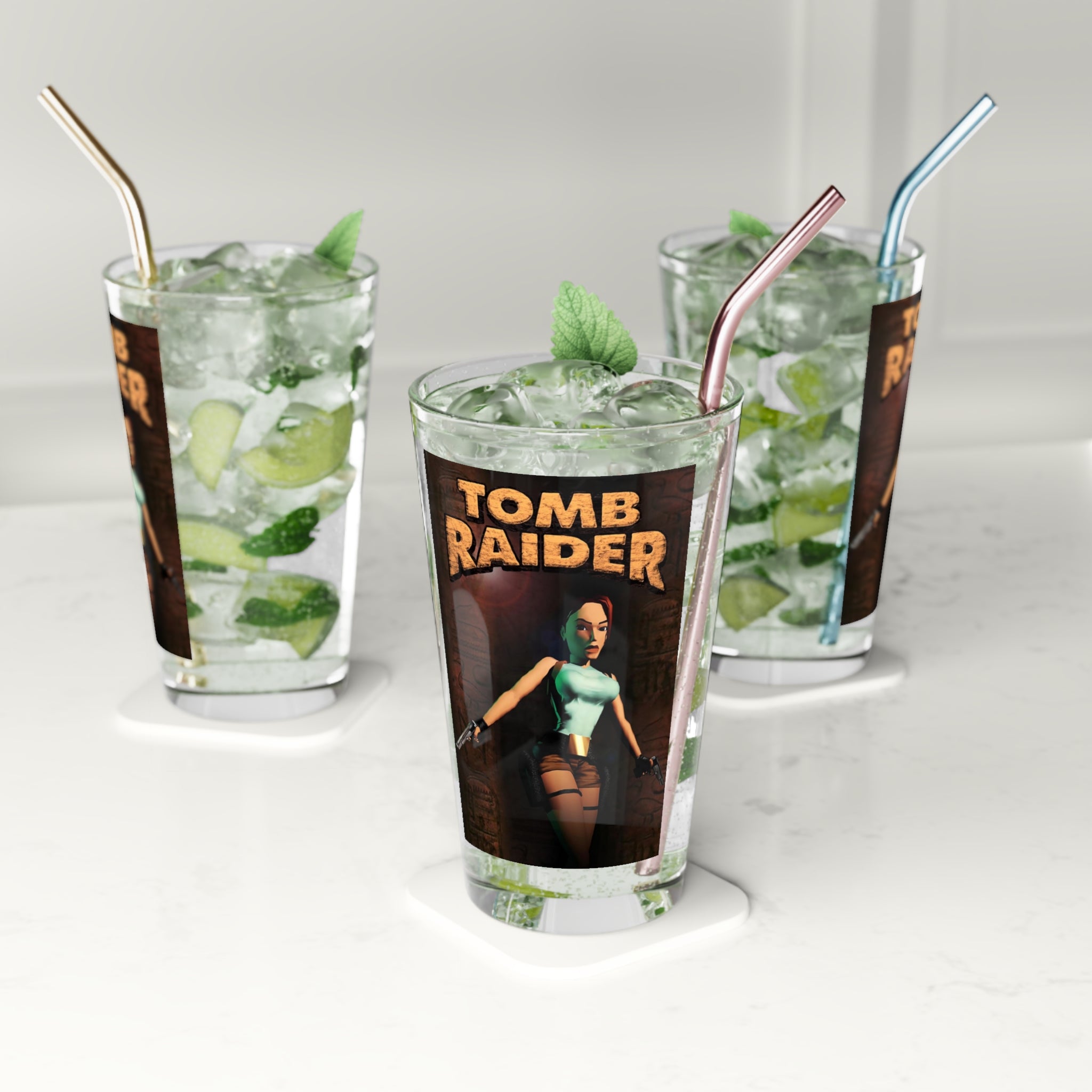 Tomb Raider Pint Glass 16oz  Retro PlayStation Gamer Barware  Classic Adventure Drinkware  RetroPunkDesign - Retro Punk Design 