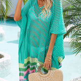 Slit Openwork V-Neck Half Sleeve Cover-Up