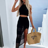 Round Neck Top and Slit Skirt Cover Up Set