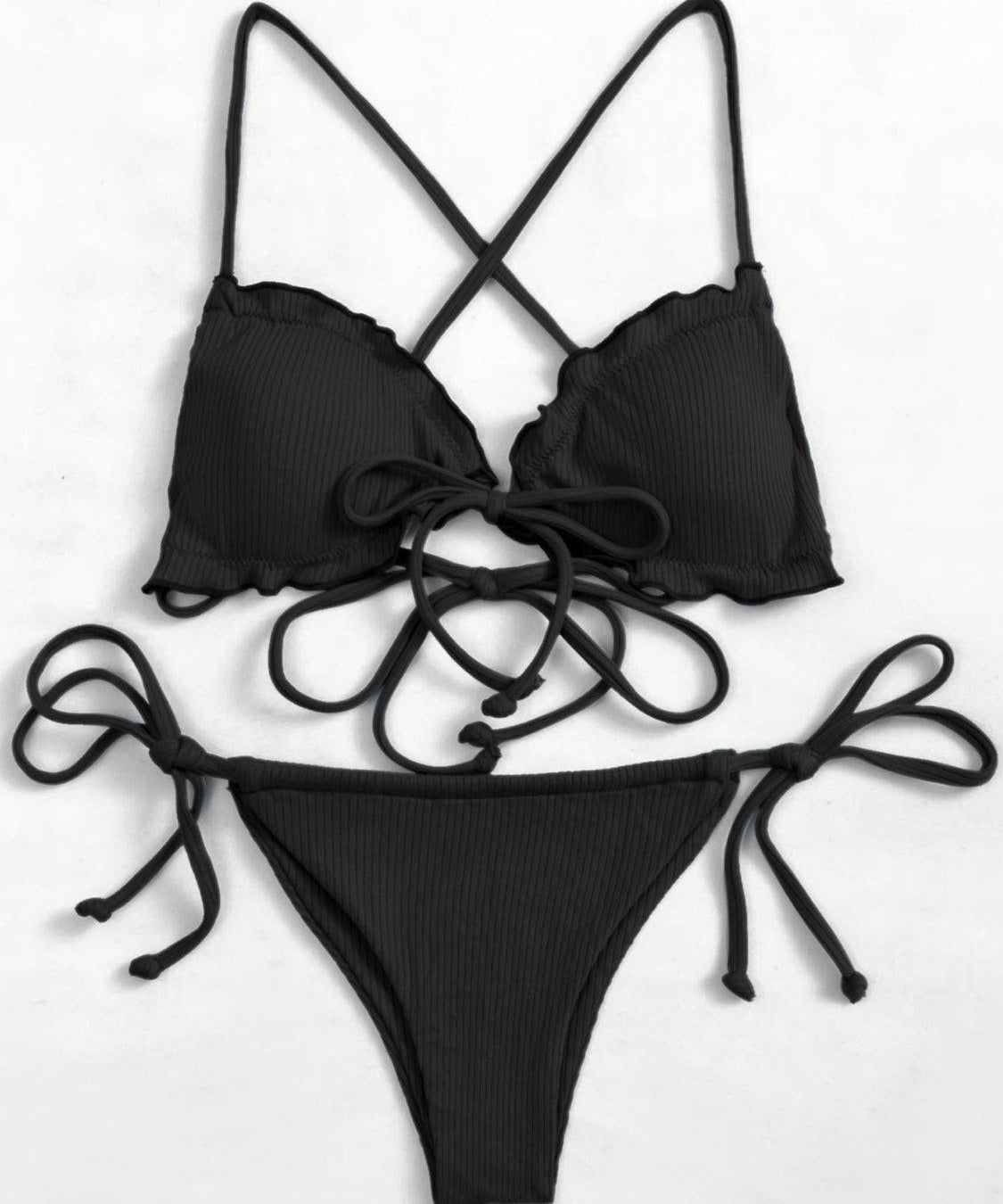 Ruffled Tied Two-Piece Bikini Set - Retro Punk Design 