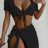 Halter Neck Bikini and Cover Up Four-Piece Swim Set