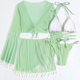 Halter Neck Bra, Bottom, Tassel Flare Sleeve Cover-Up and Skirt Four-Piece Swim Set