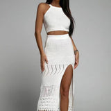 Round Neck Top and Slit Skirt Cover Up Set