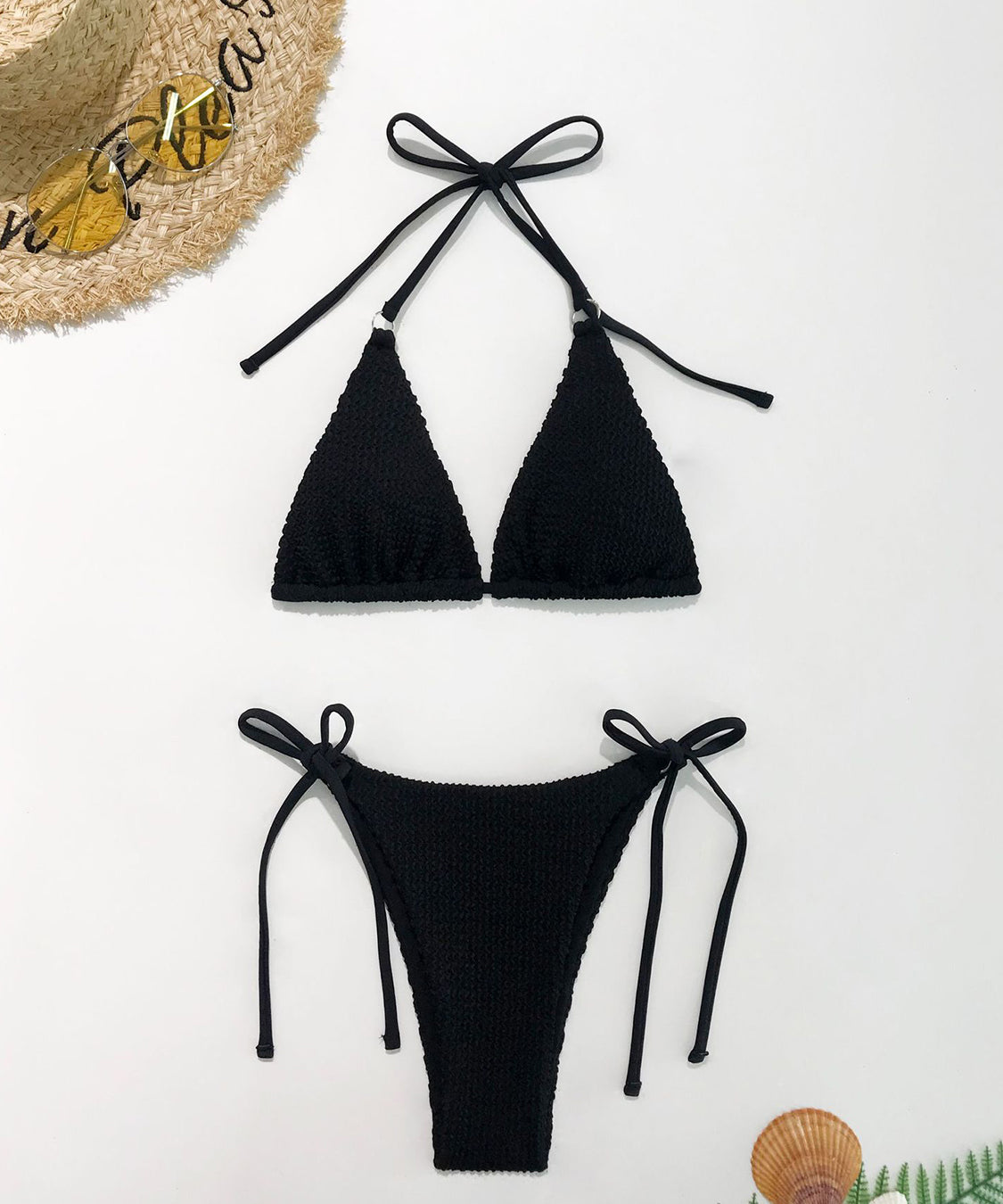 Textured Halter Neck Two-Piece Bikini Set - Retro Punk Design 