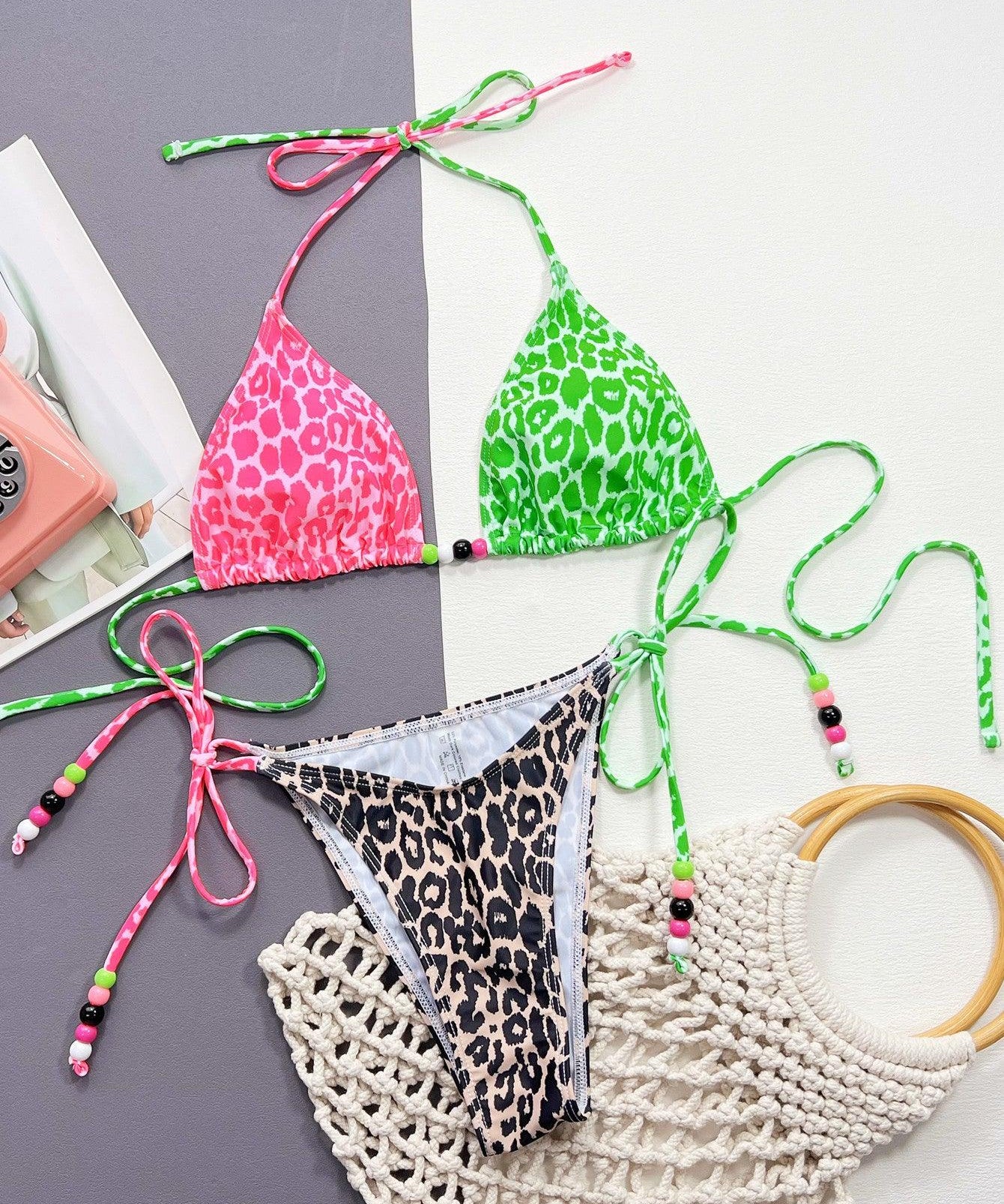 Leopard Tied Halter Neck Bikini Set - Retro Punk Design 