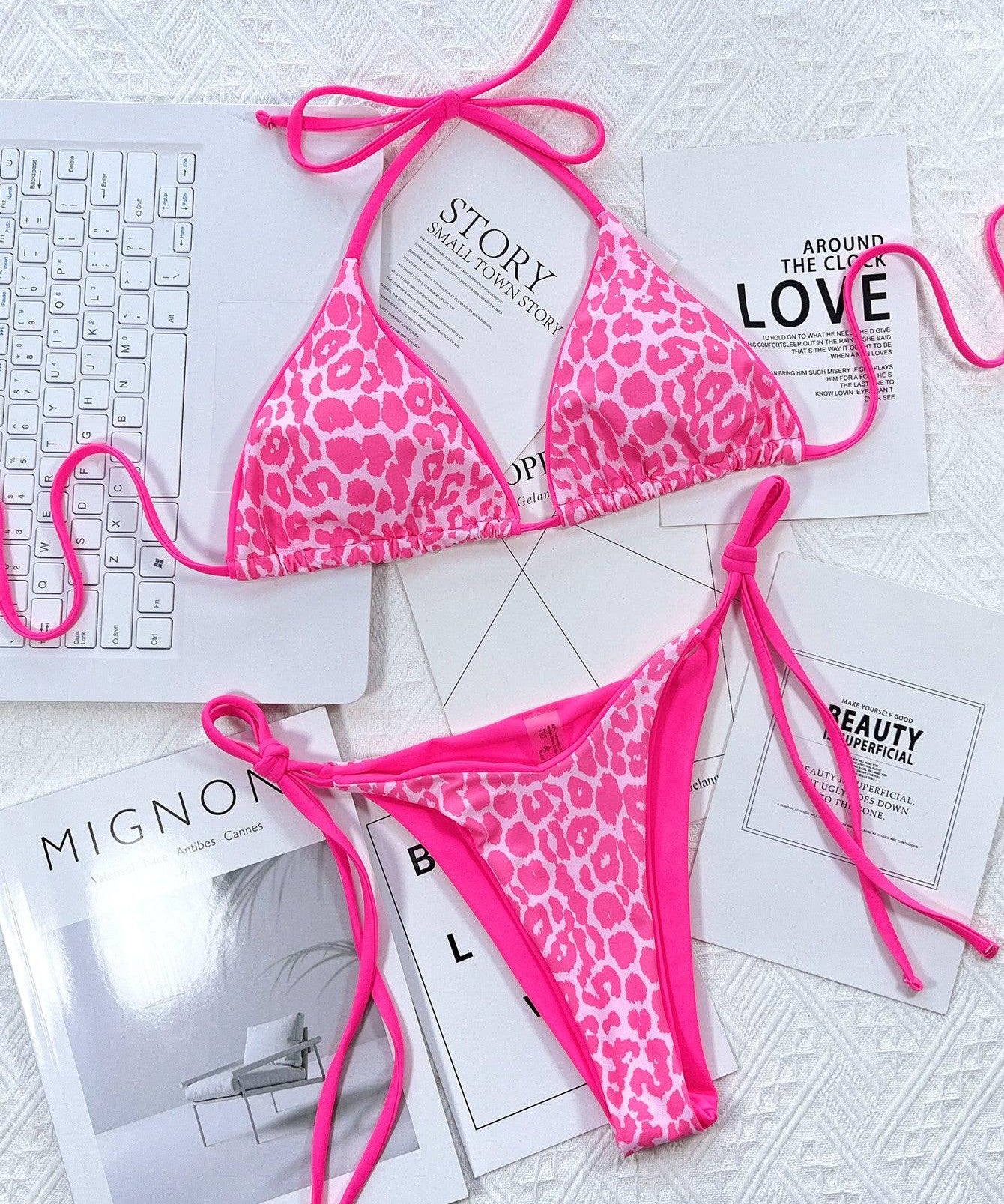 Leopard Print Halter Neck Tie Side Bikini Set - Retro Punk Design 