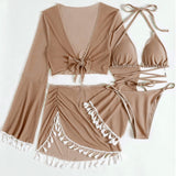 Halter Neck Bra, Bottom, Tassel Flare Sleeve Cover-Up and Skirt Four-Piece Swim Set