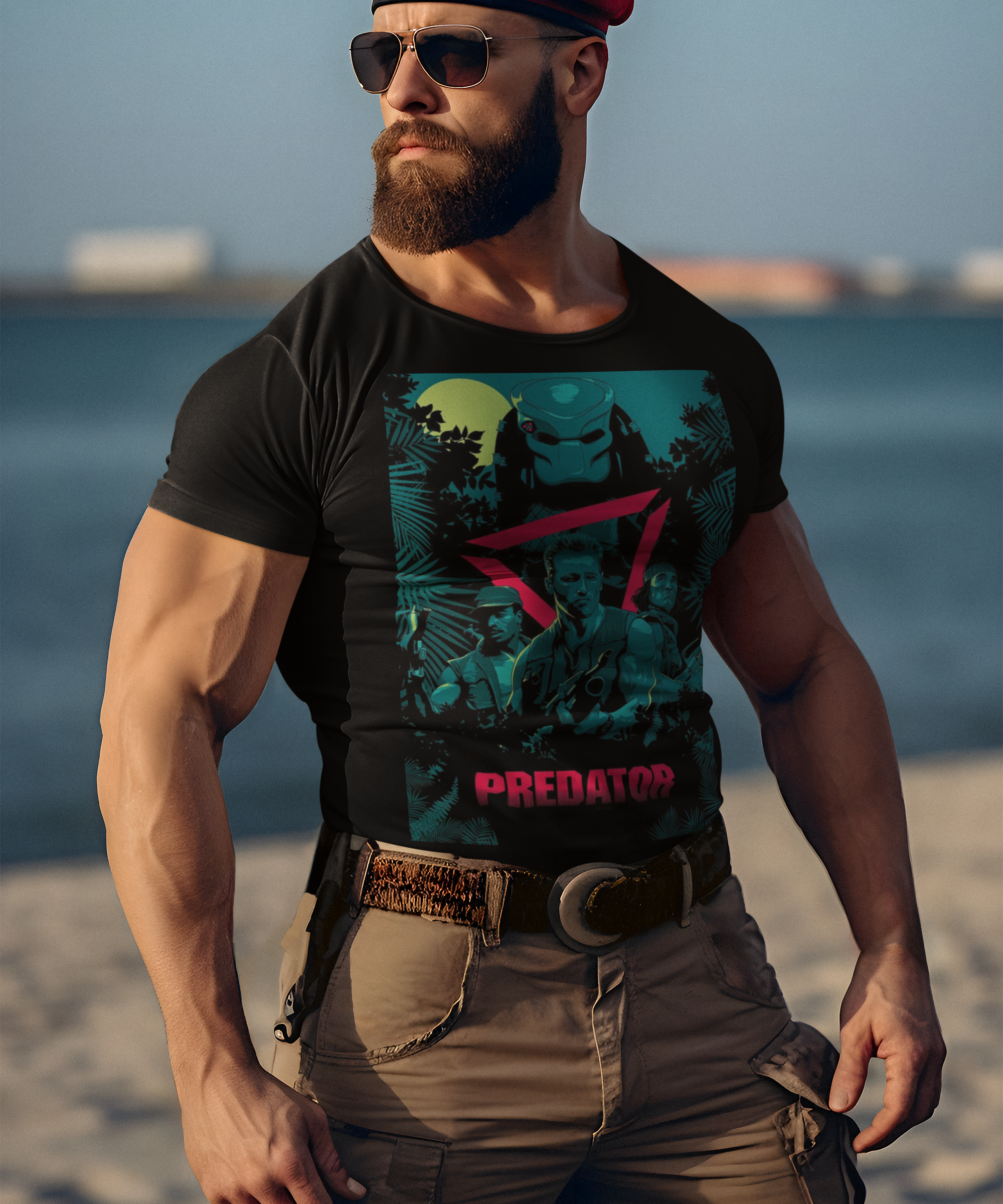Predator 1987 Arnold Schwarzenegger Graphic T-Shirt | Retro Action Sci-Fi Polyester Tee | RetroPunkDesign - Retro Punk Design 