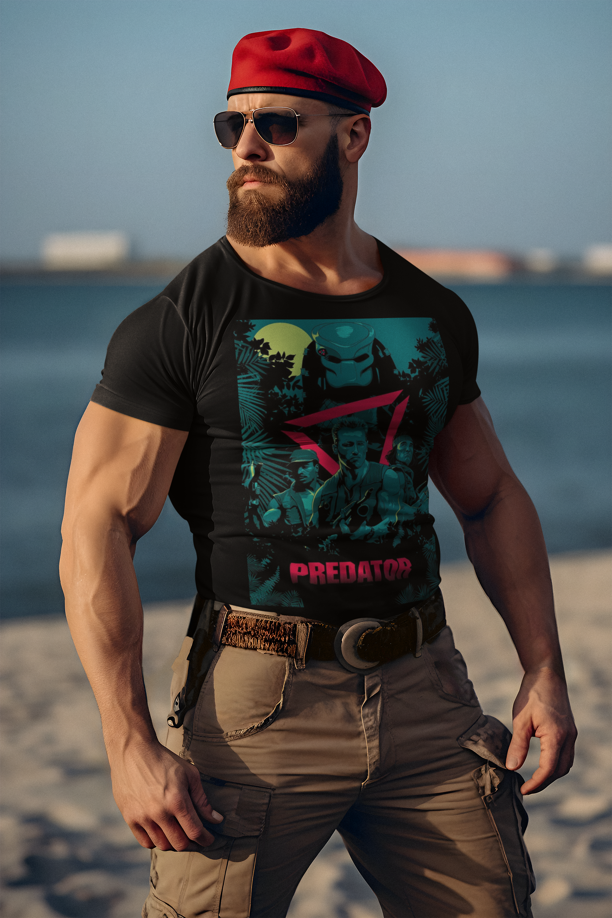 Predator 1987 Arnold Schwarzenegger Graphic T-Shirt | Retro Action Sci-Fi Polyester Tee | RetroPunkDesign - Retro Punk Design 
