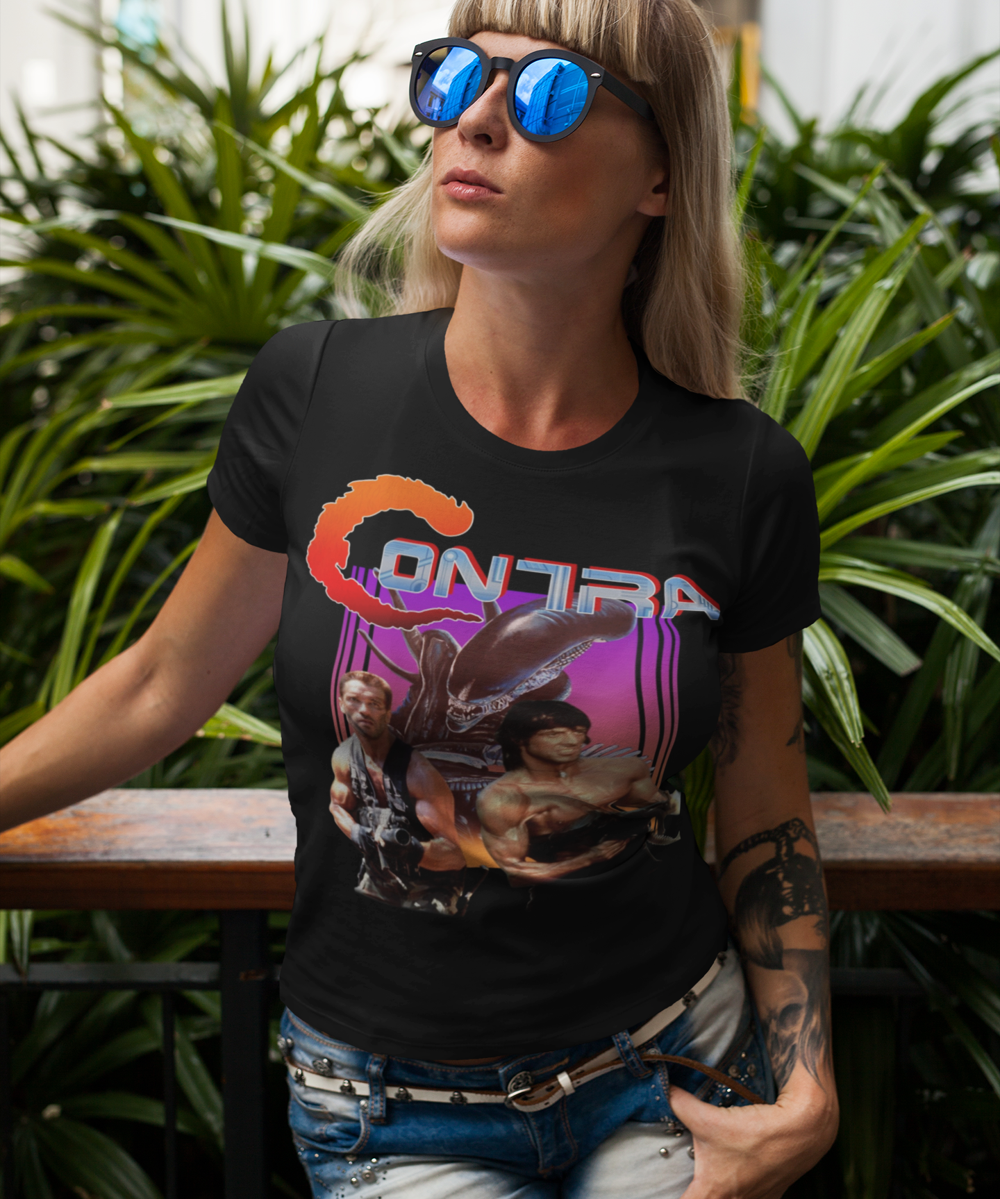 Contra NES Graphic T-Shirt | Arnold Schwarzenegger Sylvester Stallone Retro Gaming Tee | RetroPunkDesign - Retro Punk Design 