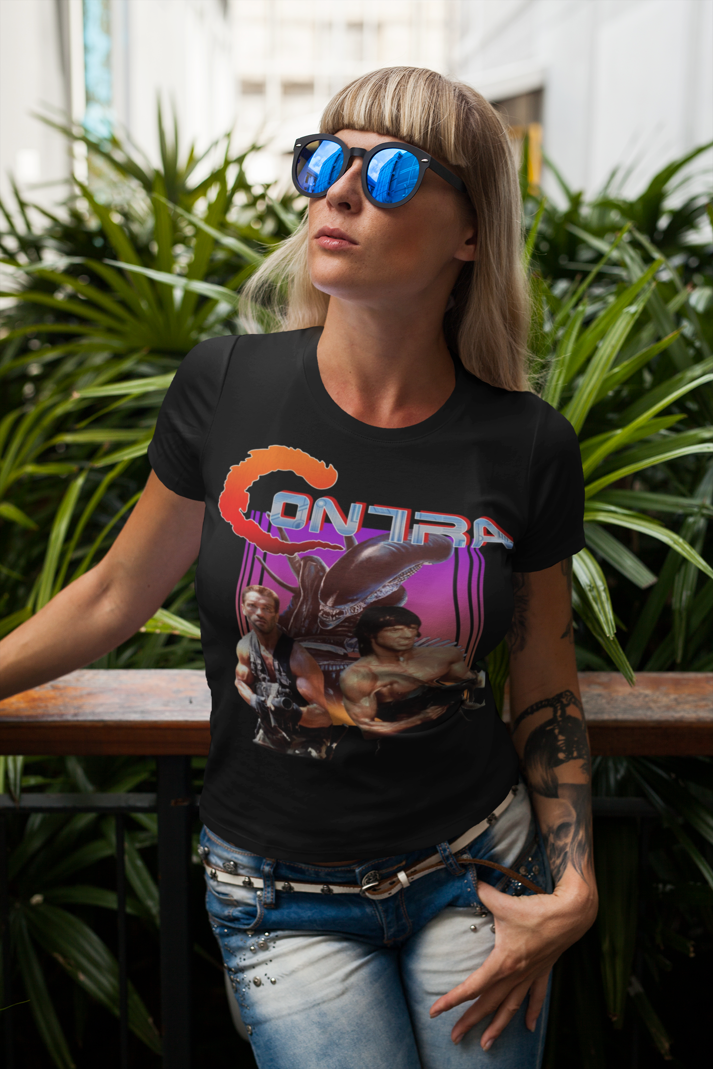 Contra NES Graphic T-Shirt | Arnold Schwarzenegger Sylvester Stallone Retro Gaming Tee | RetroPunkDesign - Retro Punk Design 