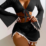 Halter Neck Bra, Bottom, Tassel Flare Sleeve Cover-Up and Skirt Four-Piece Swim Set