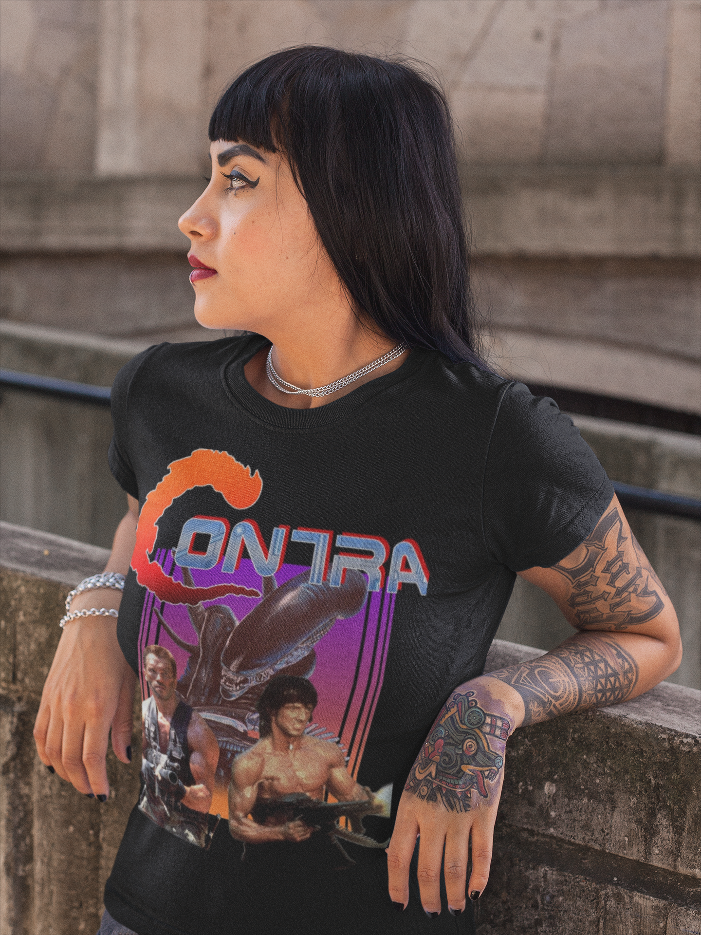 Contra NES Graphic T-Shirt | Arnold Schwarzenegger Sylvester Stallone Retro Gaming Tee | RetroPunkDesign - Retro Punk Design 