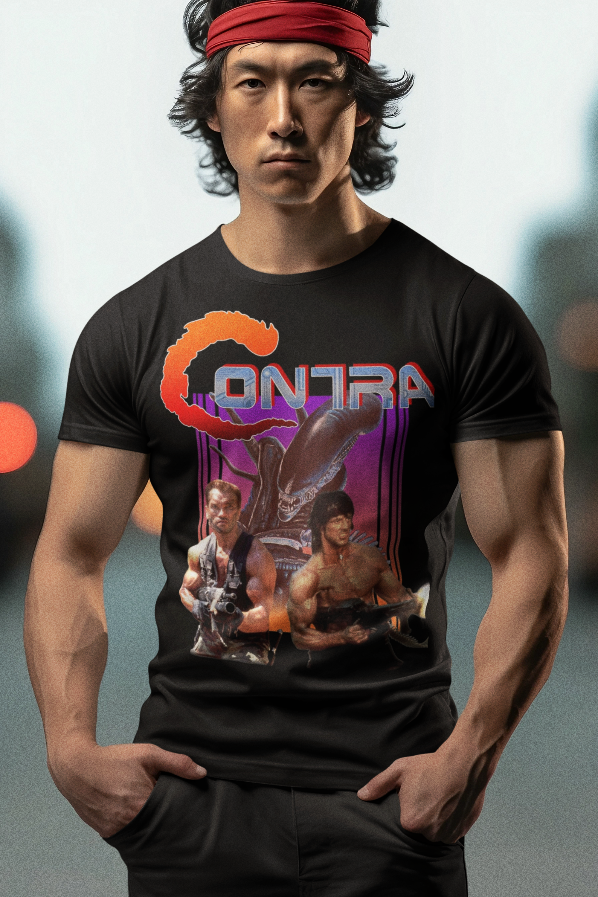 Contra NES Graphic T-Shirt | Arnold Schwarzenegger Sylvester Stallone Retro Gaming Tee | RetroPunkDesign - Retro Punk Design 