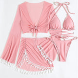 Halter Neck Bra, Bottom, Tassel Flare Sleeve Cover-Up and Skirt Four-Piece Swim Set