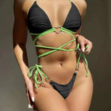 Contrast Halter Neck Two-Piece Bikini Set - Retro Punk Design 