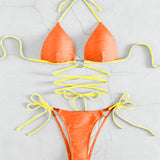 Contrast Halter Neck Two-Piece Bikini Set - Retro Punk Design 