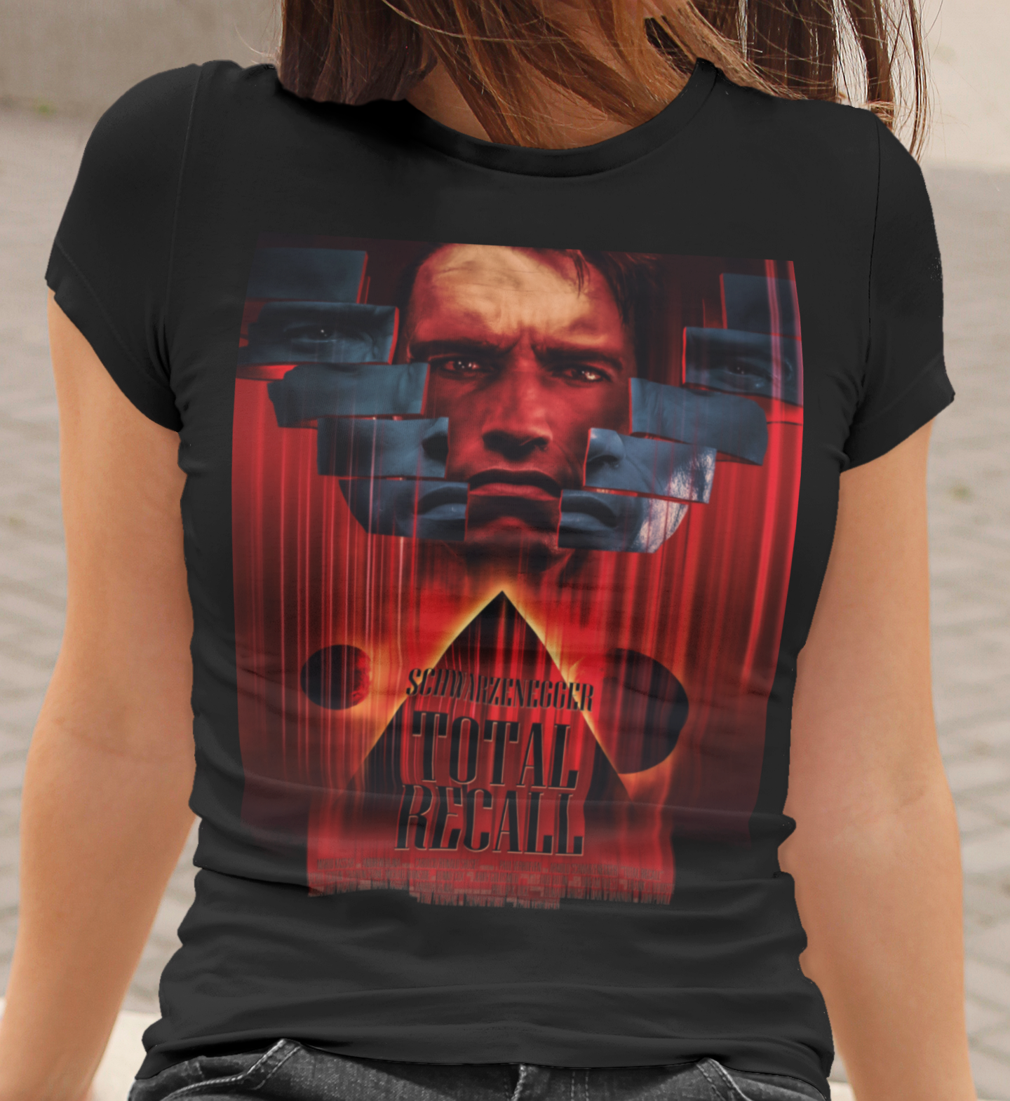 Total Recall Graphic T-Shirt | Arnold Schwarzenegger Retro Sci-Fi Polyester Tee | RetroPunkDesign - Retro Punk Design 