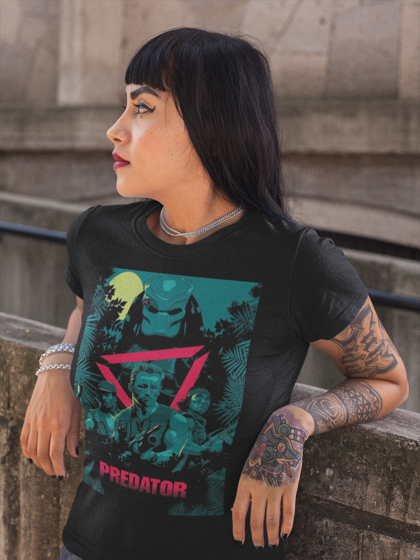Predator 1987 Arnold Schwarzenegger Graphic T-Shirt | Retro Action Sci-Fi Polyester Tee | RetroPunkDesign - Retro Punk Design 