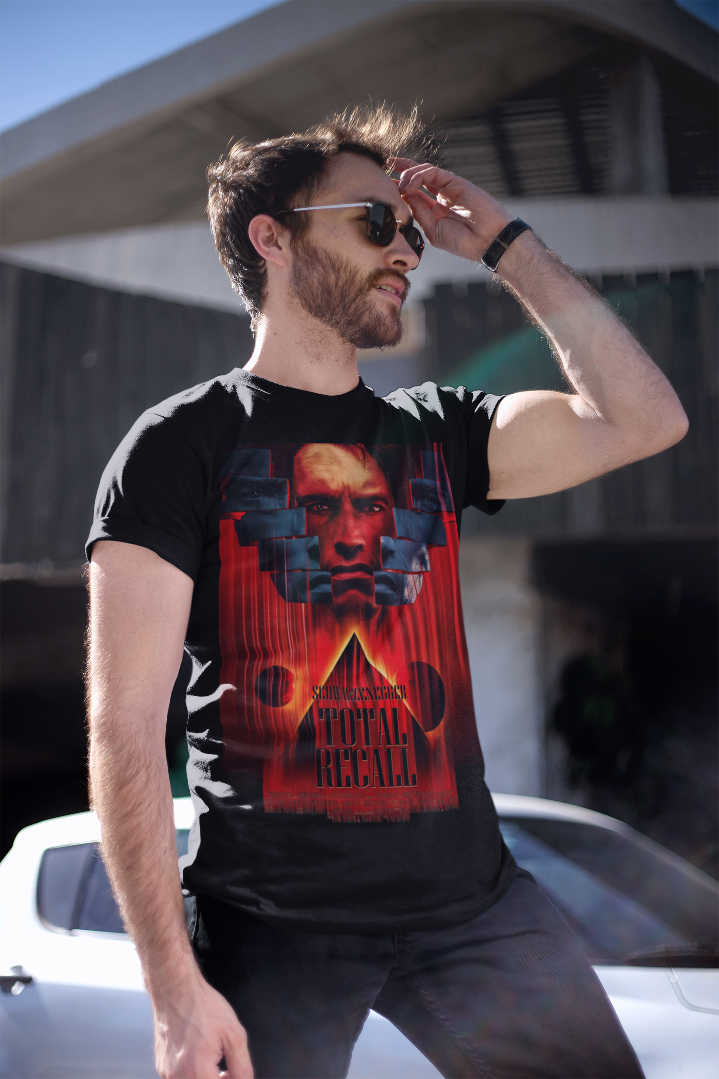 Total Recall Graphic T-Shirt | Arnold Schwarzenegger Retro Sci-Fi Polyester Tee | RetroPunkDesign - Retro Punk Design 